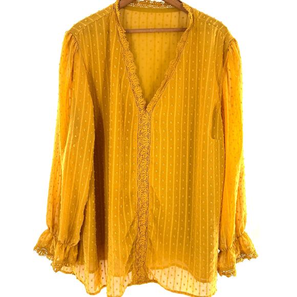 Amazon Swiss Dot Chiffon Blouse Top 3X V Neck Ruffle Crochet Romantic Yellow - Picture 1 of 5